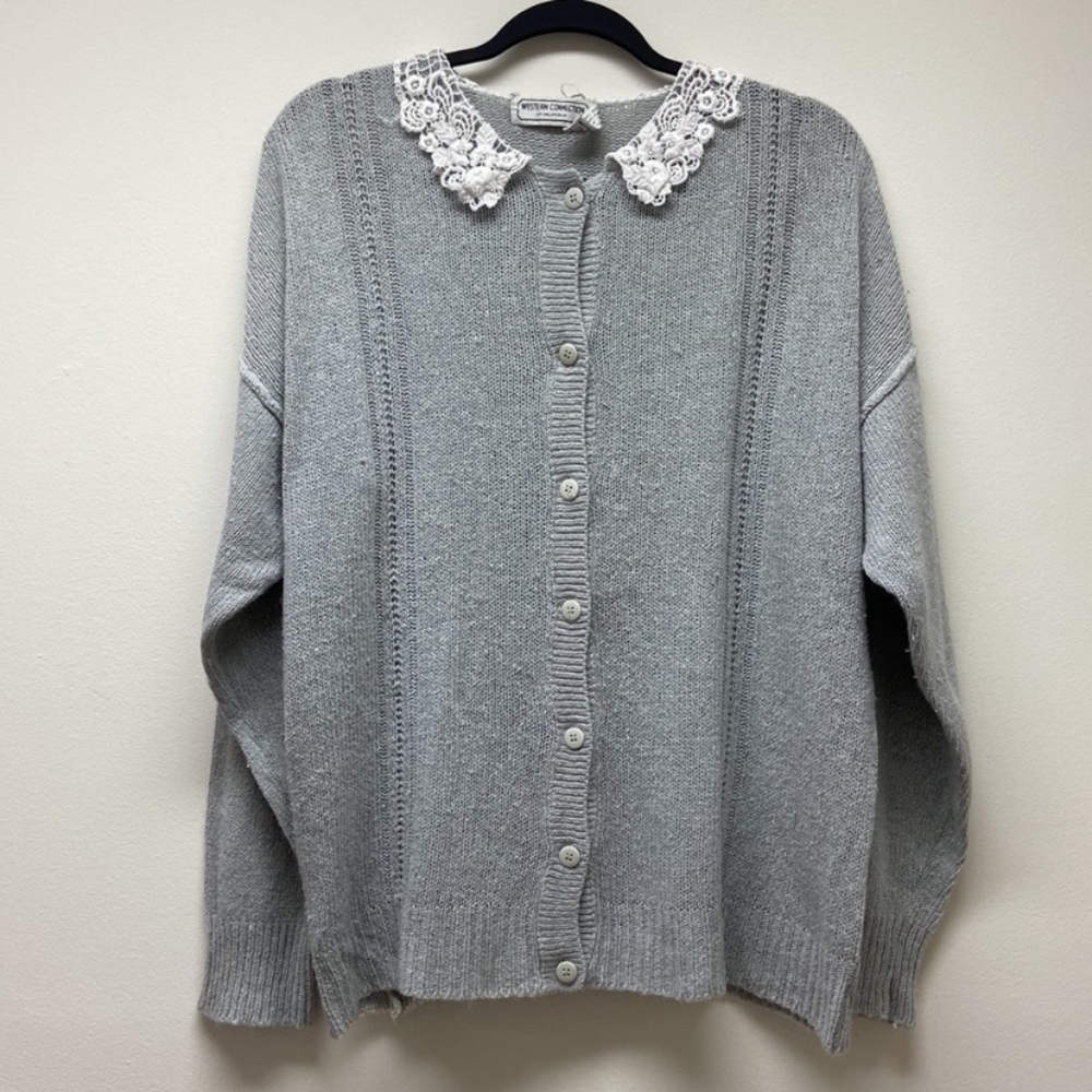 Vintage WESTERN CONNECTION | Silk Angora blend Cardigan size L‎ Gray/White